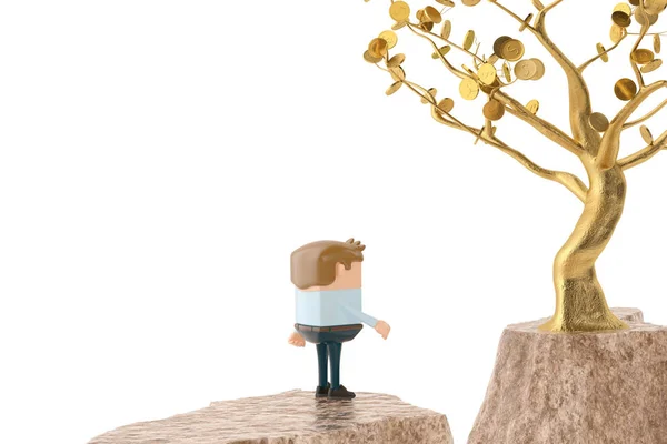 Een man en een gouden boom aan weerszijden van de cliff.3d illustrati — Stockfoto