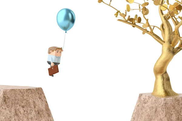 En officeman dra en ballong över canyon, gå till guld tree.3d filterrengöring — Stockfoto
