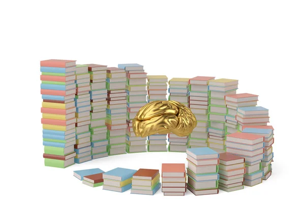 Gouden hersenen in de stapel van books.3d afbeelding. — Stockfoto