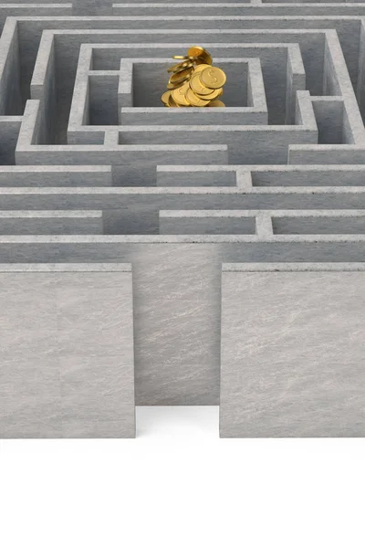 Ein Haufen Goldmünzen im Labyrinth. 3D-Illustration. — Stockfoto