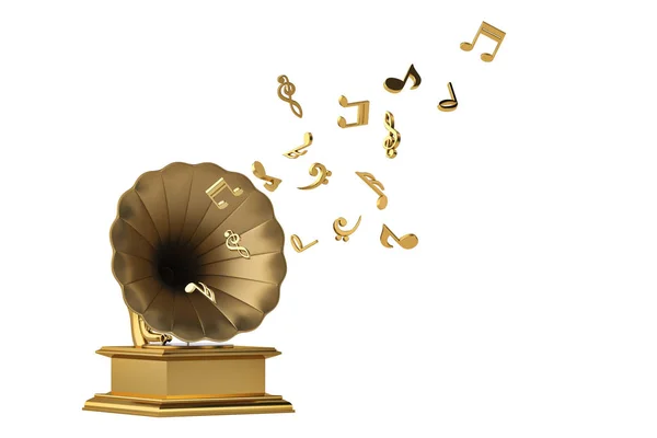 Guld gramophone med guld musiknoter isolerad på vita bakgr — Stockfoto