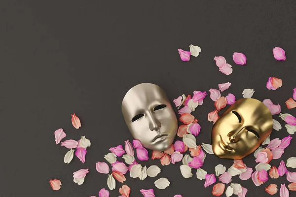 Gold and silver masks with petals on black background.3D illustr — Stock Photo, Image