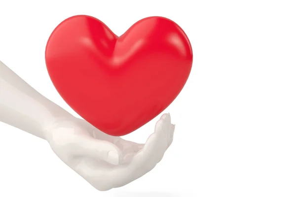 Mano de porcelana con corazón rojo. Ilustración 3D . — Foto de Stock