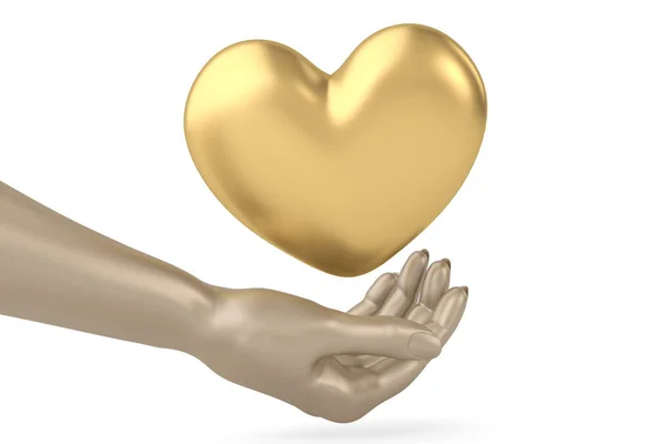 Mano in metallo con cuore d'oro.Illustrazione 3D . — Foto Stock