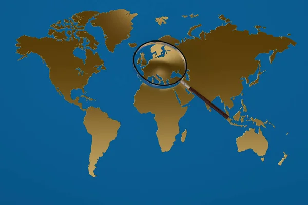 黄金世界地图放大镜. 3 d 例证. — 图库照片