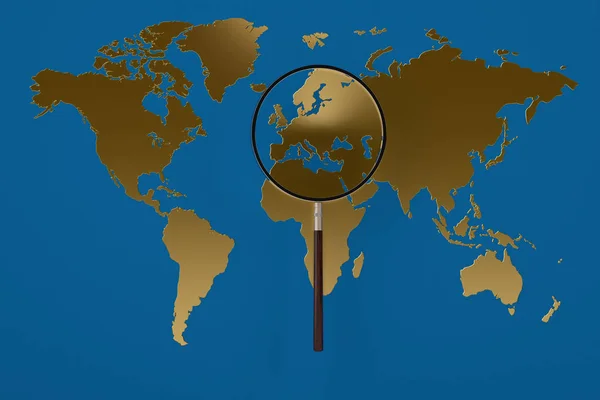 Lupa de mapa del mundo dorado.Ilustración 3D . —  Fotos de Stock