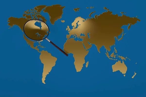 Lupa de mapa del mundo dorado.Ilustración 3D . — Foto de Stock