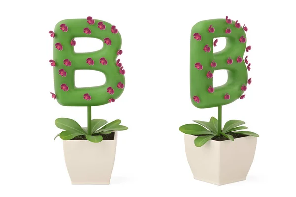 Alfabeto vegetal B y maceta de flores. Ilustración 3D . — Foto de Stock