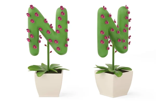 Alfabeto de plantas N y maceta de flores. Ilustración 3D . —  Fotos de Stock