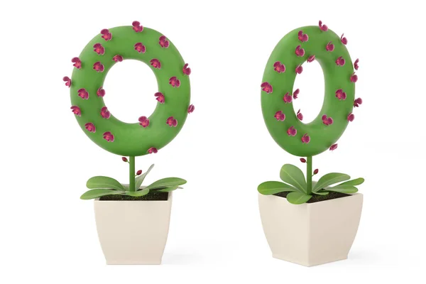 Alfabeto vegetal O y maceta de flores. Ilustración 3D . —  Fotos de Stock
