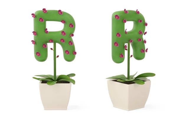 Alfabeto vegetal R y maceta de flores. Ilustración 3D . —  Fotos de Stock