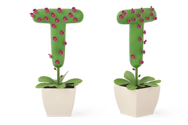 Alfabeto vegetal T y maceta de flores. Ilustración 3D . —  Fotos de Stock
