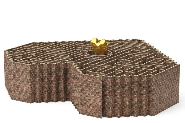 Un corazón dorado en el laberinto. Ilustración 3D . — Foto de Stock