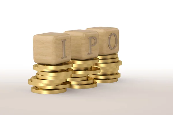 Bloco de alfabeto IPO em moeda de ouro.Ilustração 3D . — Fotografia de Stock