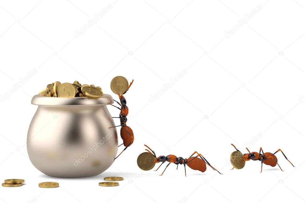 The ants put the gold in a copper pot.3D illustration.