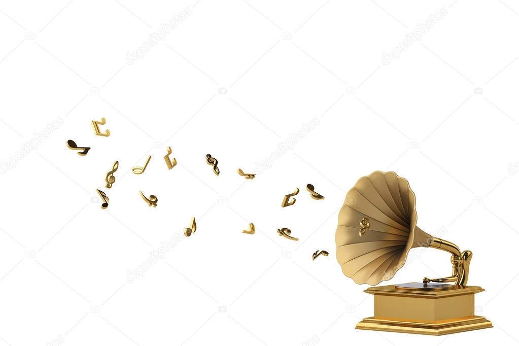 Gold gramophone with gold musical notes isolated on white backgr