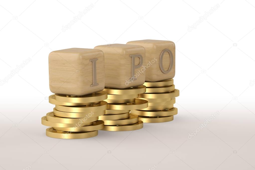 IPO alphabet block on gold coin.3D illustration.