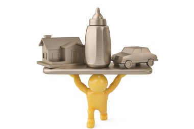 İnsanlar insan karakteri ev ve araba ve bottle.3d kaldırma