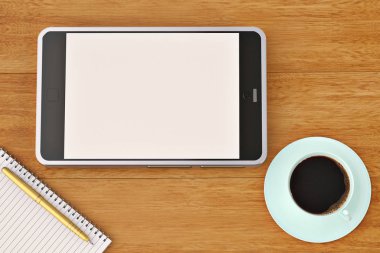 Smartphone defter çıkartmaları ve ahşap desktop.3d kahve Kupası