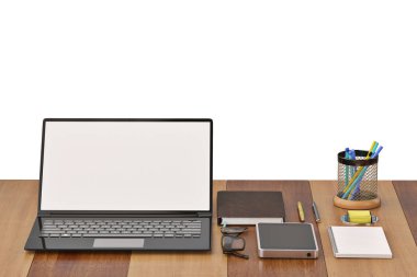 Ofis büro dizüstü gözlüklü klavye kahve fincanı ve telefon 