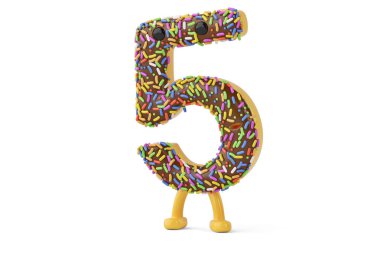 Çizgi film çörek alfabe numara 5 beyaz arka plan, 3d illustr '