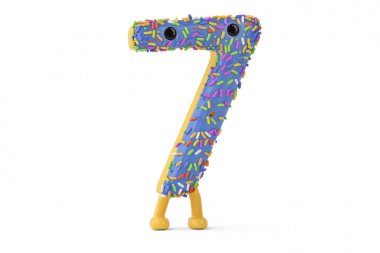 Çizgi film çörek alfabe numarası 7 beyaz arka planda, 3d illustr