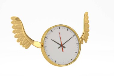Altın ile saat uçan clock.3d illüstrasyon kanat.