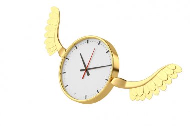 Altın ile saat uçan clock.3d illüstrasyon kanat.