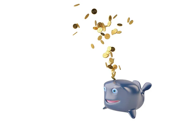 Een cartoon-walvis- en gold.3d-illustratie. — Stockfoto