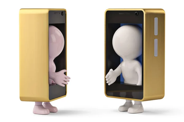 2 маленькі людські персонажі в мобільному телефоні, щоб потиснути руки.3D illu — стокове фото
