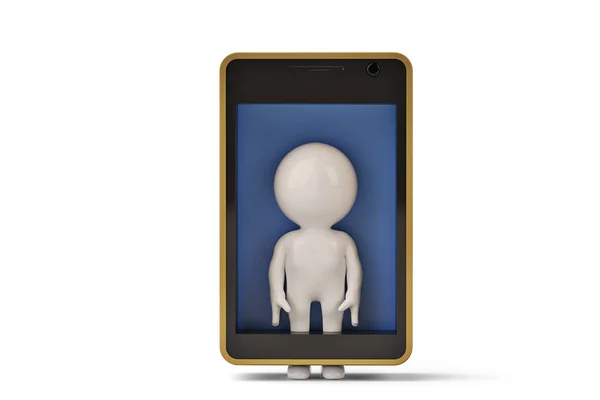 Маленький людський персонаж у мобільному телефоні.3D ілюстрація . — стокове фото