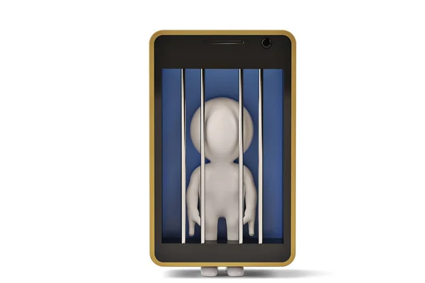 Ein kleiner menschlicher Charakter im Handy-Gefängnis. 3d Illustration. — Stockfoto