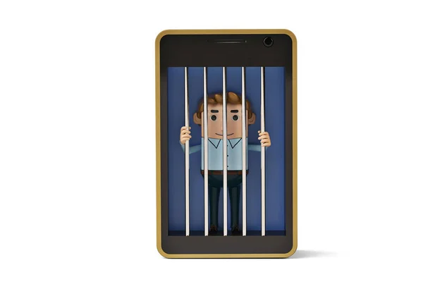 Eine Büromensch-Figur im Handy-Gefängnis. 3d-Illustration. — Stockfoto