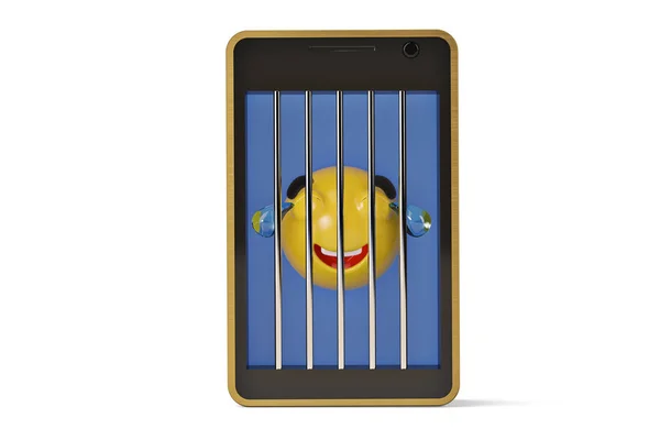 Lachendes Emoticon mit Tränen im Handy-Gefängnis. — Stockfoto