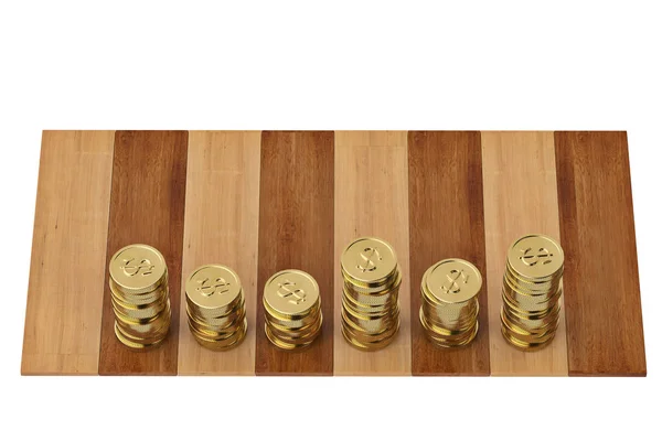 Goldmünzenstapel auf Holz und weißem Hintergrund. 3d Illustration. — Stockfoto