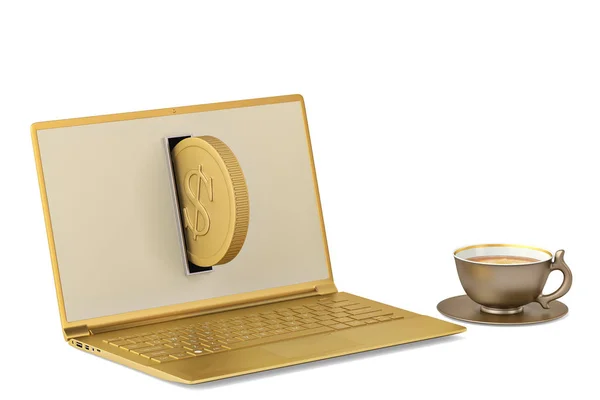 Portátil de oro y café de oro sobre fondo blanco.Ilustración 3D . — Foto de Stock