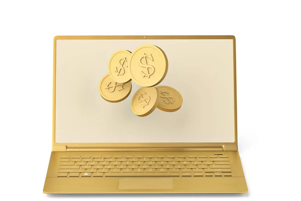 Gold laptopa i złote monety na background.3d biały ilustracja. — Zdjęcie stockowe
