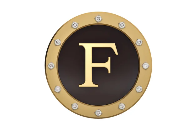Oro e diamante incorniciato con alfabeto F su sfondo bianco.3D — Foto Stock