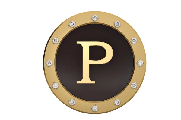 Golden och diamond inramad med alfabetet P på vit background.3d — Stockfoto