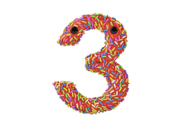 Un alphabet donut dessin animé numéro 3 sur fond blanc, 3D illustr — Photo
