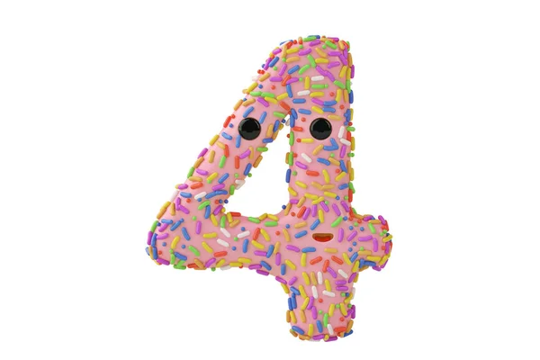 Een cartoon donut alfabet nummer 4 op een witte achtergrond, 3D-afb — Stockfoto