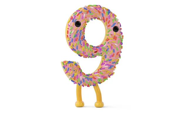 A cartoon donut alphabet number 9 on white background, 3D illustr — стоковое фото