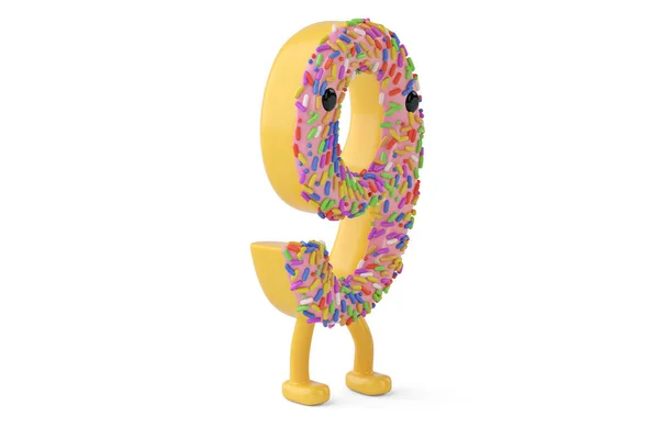 Un alphabet donut dessin animé numéro 9 sur fond blanc, 3D illustr — Photo