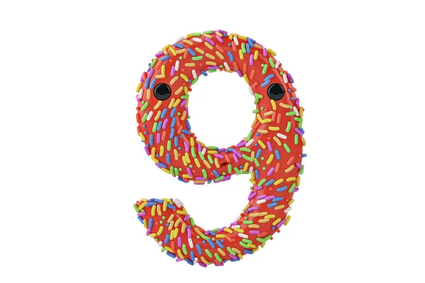 Un alfabeto de donuts de dibujos animados número 9 sobre fondo blanco, 3D illustr —  Fotos de Stock