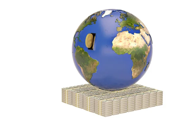 Aarde en dollars stapels mondiale financiële concept.3d afbeelding. — Stockfoto