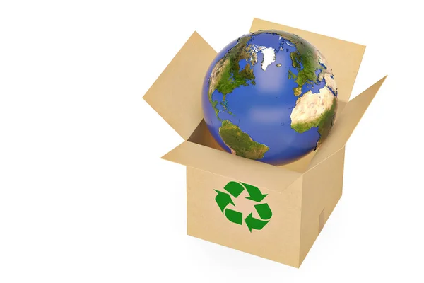生态概念打开纸板盒与地球. 3 d 例证. — 图库照片