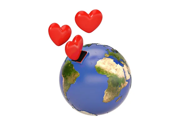 Terra com três corações vermelhos em fundo branco.Ilustração 3D . — Fotografia de Stock
