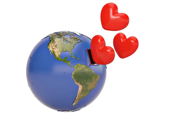 Earth with three red hearts on white background.3D illustration. — Stock Photo, Image