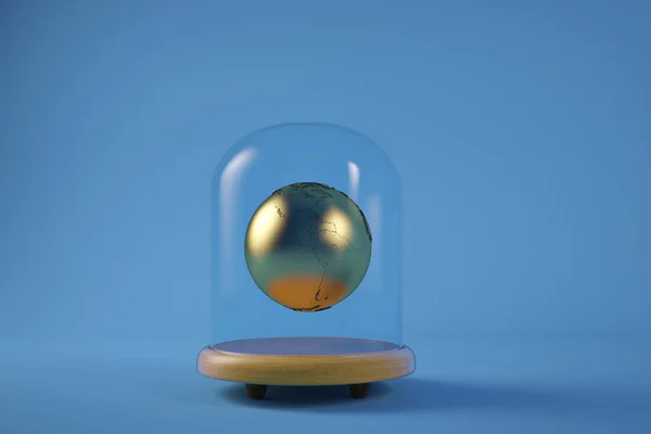 Zlaté planeta skleněný zvon s dřevěnou základnou izolované na modré zpět — Stock fotografie