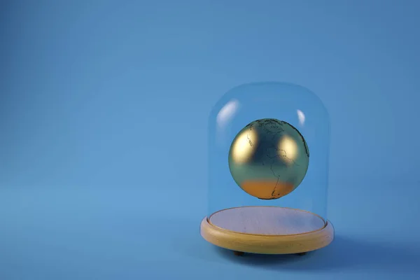 Gold planet in glass bell with wooden base isolated on blue back — Stock Photo, Image